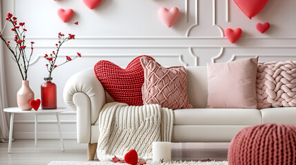 Interior of living room decorated for Valentine's Day, generative ai - obrazy, fototapety, plakaty