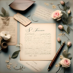 old letter with pen and inkwell,letter with pink roses, letter and roses, valentine letter, valentine day wish