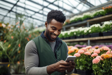 Portrait of cheerful African American male gardener texting on smartphone while standing in flower warehouse.
