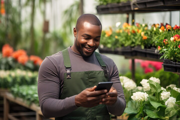 Portrait of cheerful African American male gardener texting on smartphone while standing in flower warehouse.