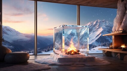 An icy glass cube on a snowy mountaintop, with a warm, glowing fireplace and cozy interior scene inside Generative AI