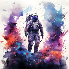 Fototapeta premium Astronaut in outer space. Watercolor astronaut in costume and helmet. Watercolor splash splatters
