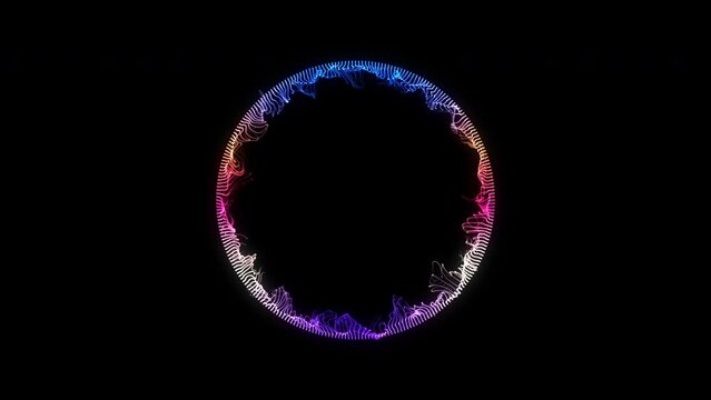 Circle shaped frame. Pink, blue and white 3d circle made of waves, dots, particles blend, isolated on black background. Flowing particles.  