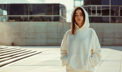 Young Woman in White Hoodie Standing in an Urban Setting During Golden Hour, blank white sweatshirt, photo for teenage apparel mockup