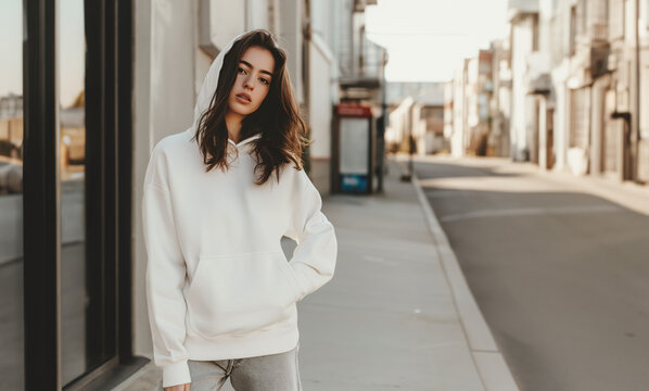 A photo of young woman wearing a white blank sweatshirt for mockup, standing outdoors in the street posing, looking at camera, blank hoodie with no print for mock-up, street fashion
