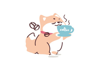 A cute Shiba Inu holding a cup of coffee. Vector image, can be used for coffee shop logo, menu decoration, coffee bean product packaging
