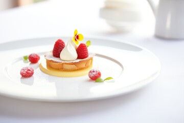 raspberry tart with a dollop of cream on a white plate