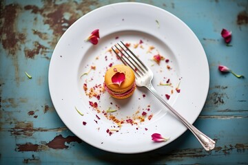 raspberry macaron crumbs on an empty plate with fork