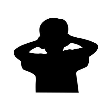 recommend clip art: Angry unhappy irritated boy covering ears from loud sound silhouette
