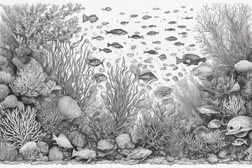 Hand drawn underwater natural elements. Sketch of reef corals and swimming fishes. Monochrome horizontal illustration of sea life. Black and white coloring page. Generative Ai