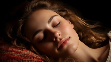 Serene top view of woman sleeping on bed at night with soft lighting and space for text placement