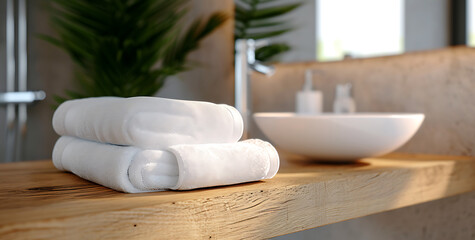 Fototapeta na wymiar white towels on a wooden counter on bathroom counter top, in the style of minimalistic japanese