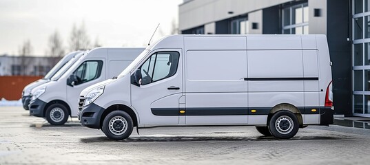 Row of white delivery vans, transporting service company with copy space for text placement
