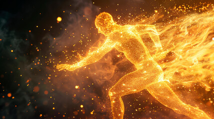 A running athlete, gold flare particles gradually transformed into running athlete form, translucent fluorescent material, dissolved in particles.