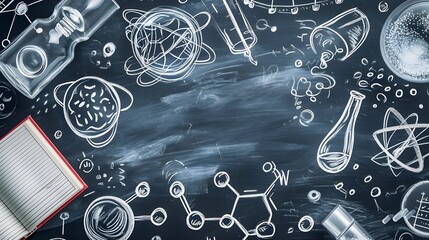 Black board illustration, chalk board with empty space, and chemistry, science objects.