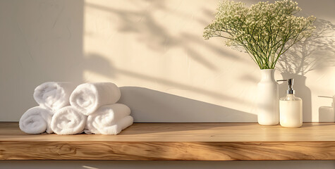 white towels on a wooden counter on bathroom counter top, in the style of minimalistic japanese