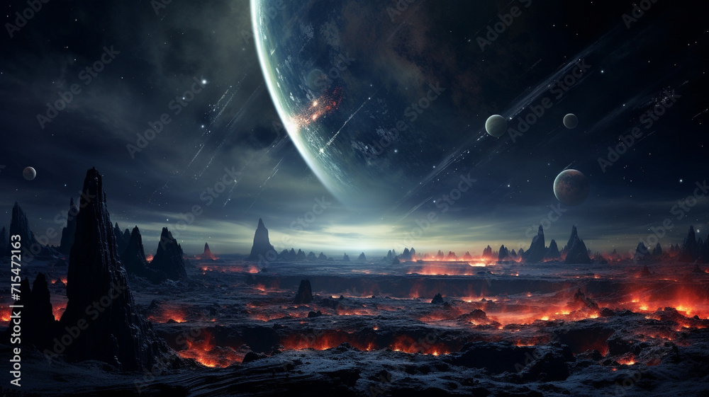 Wall mural illustration of a planet landscape with planets in space. created with generative ai