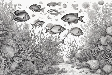 Obraz na płótnie Canvas Hand drawn underwater natural elements. Sketch of reef corals and swimming fishes. Monochrome horizontal illustration of sea life. Black and white coloring page. Generative Ai