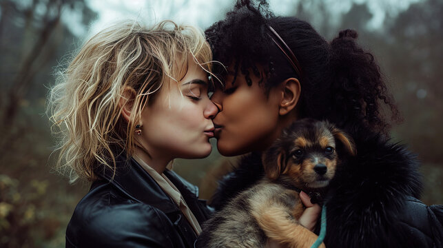 horizontal image of a young lesbian couple kissing each other and holding a pet AI generated