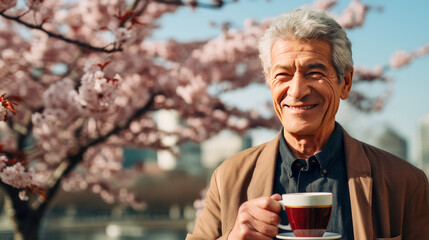 Modern happy elderly smiling man with a cup of coffee against the backdrop of pink cherry blossoms and metropolis city.