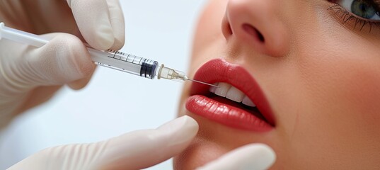Aesthetic medicine  doctor performing local lip injection on woman with copy space for text