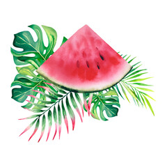 Watercolor watermelon with a branch of palm and monstera. Hand-drawn illustration. Juicy tropical fruits. Clipart for designers, logo, postcard.