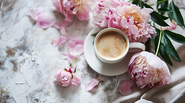 A cup of coffee and peony flowers on withe wooden background ai generative