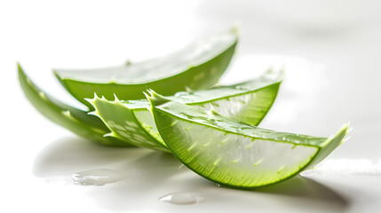 Fototapeta na wymiar Stack of Aloe Vera slices with gel dripping isolated on white background, herb skin care. Aloe Vera gel a natural skincare ingredient. 