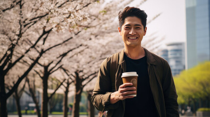 Modern happy young smiling Asian man with a mug of coffee against the background of pink cherry blossoms and metropolis city.