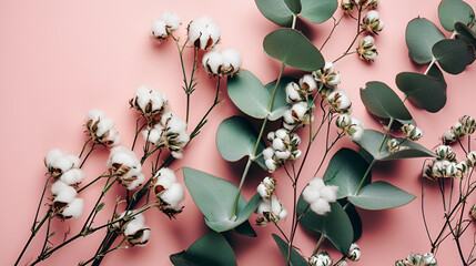 Beautiful cotton branch with fluffy flowers on green leaf's on pink background ai generative - obrazy, fototapety, plakaty