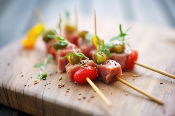 tuna steak bites on skewers with cherry tomatoes - obrazy, fototapety, plakaty