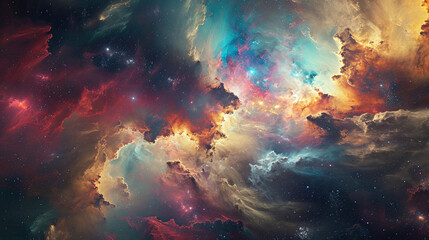 Fototapeta na wymiar Galaxy panorama background, abstract interpretation with colorful cosmic clouds and star explosions