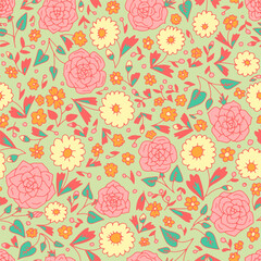 Seamless ditsy floral pattern with green background. Hand drawn nature backdrop with tiny flowers motif.