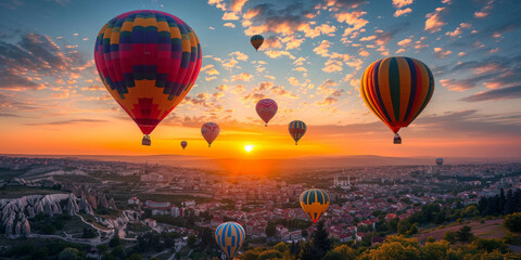 Sonnenuntergang mit bunten Heissluftballons, die über die Stadt fliegen