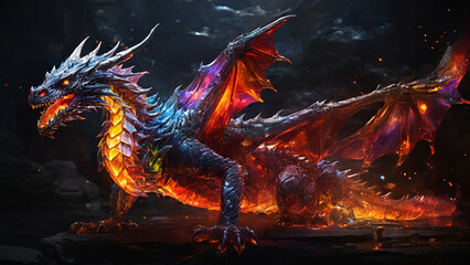 Imagine a fiery, glass dragon with a rainbow of hues, its wings spread wide as it unleashes a torrent of flames from its mouth, leaving a trail of sparkling embers in its wake.