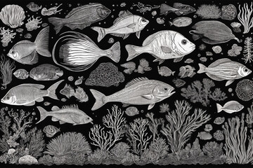 Hand drawn underwater natural elements. Sketch of reef corals and swimming fishes. Monochrome horizontal illustration of sea life. Black background. Generative Ai