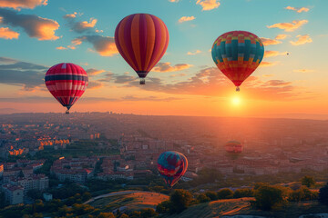 Naklejka premium Sonnenuntergang mit bunten Heissluftballons, die über die Stadt fliegen