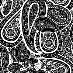 Monohcrome seamless pattern with detailed Paisley motifs on black background. Traditional indian repeat design.