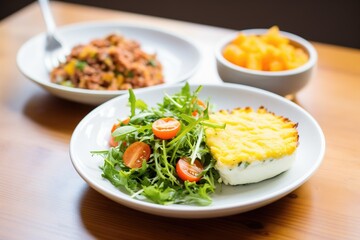 shepherds pie with a side salad and creamy dressing