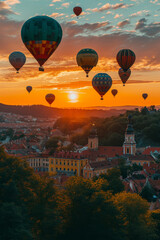 Sonnenuntergang mit bunten Heissluftballons, die über die Stadt fliegen