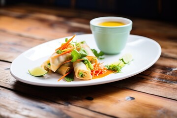 spring rolls with dipping sauce on a plate
