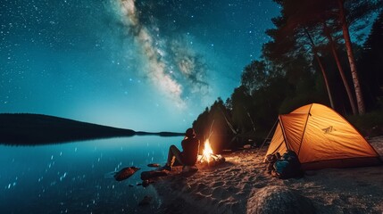 a man is camping with a campfire - obrazy, fototapety, plakaty