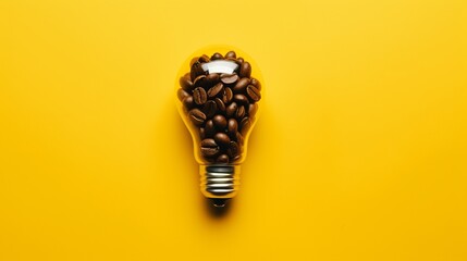 Caffeine creativity: illuminating concepts with a coffee bean light bulb on vibrant yellow...