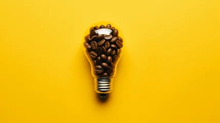 Foto op Plexiglas Caffeine creativity: illuminating concepts with a coffee bean light bulb on vibrant yellow background - good ideas start with great coffee © Ashi