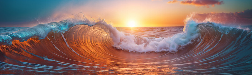 giant wave is breaking in the ocean at sunset, with the sun on the horizon and a orange sky - obrazy, fototapety, plakaty