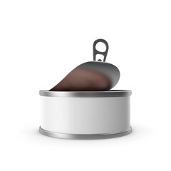 3D rendering of open tin food preservation, tuna flakes isolated on white background can see and preserve canned food concepts. Canned tuna in a white bowl, isolated on white