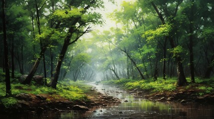 A forest grove in the midst of a gentle rainfall, rain-kissed leaves and a serene ambiance that highlights the raw beauty of nature in motion - Generative AI