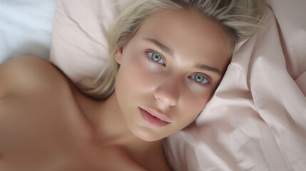 A woman with tousled blonde hair lies in bed