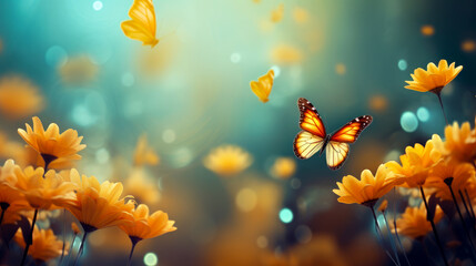 Fototapeta na wymiar Abstract natural spring background with butterflies and light orange dark meadow flowers closeup.