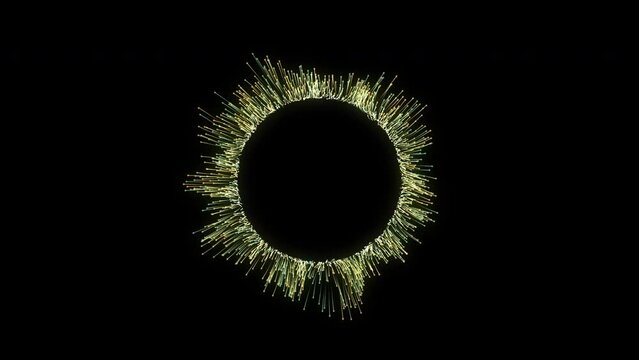 Green frame circular emitting particles on black background. Lines of 3d particles and dots forming a circle frame or border. Abstract festive backdrop. Portal frame. Empty space in the middle.
